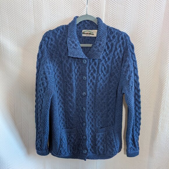 Aran Crafts Irish Merino Wool Cardigan Blue Cable Knit Coastal Fisherman Large - Picture 5 of 12